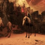 Necrophosis: long-beaked creatures crossing a ruined city